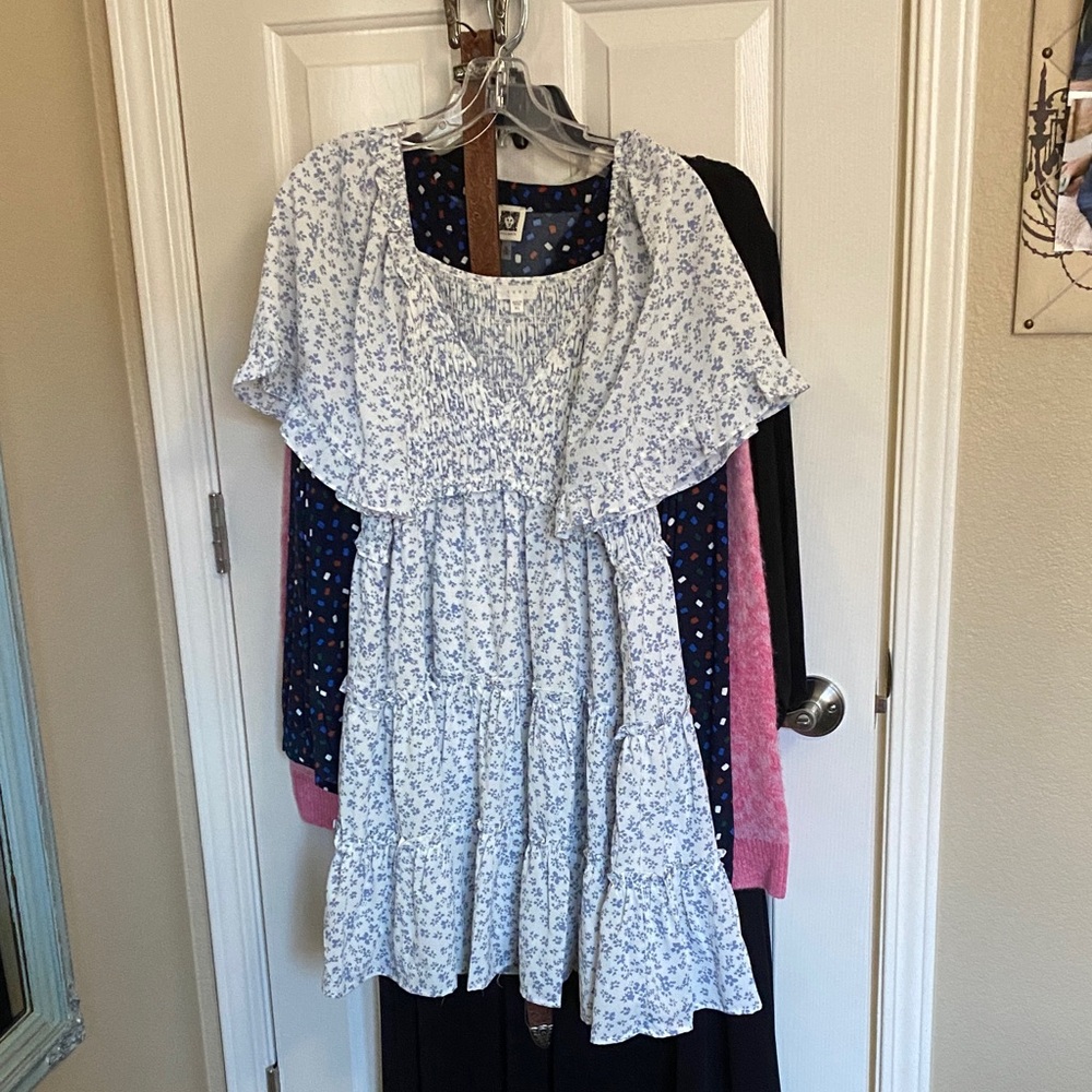 Cowgirl Floral Ruffle Mini Dress in White & Blue